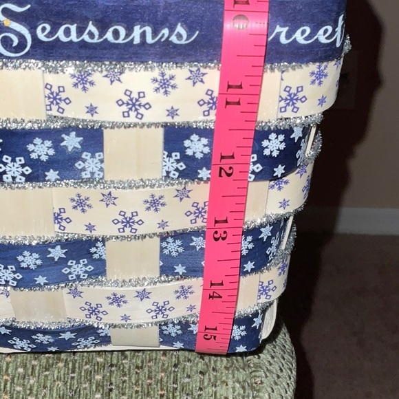 Holiday SEASONS GREETINGS Blue, Ivory, Silver Rectangular Wicker Basket handles - Picture 11 of 11